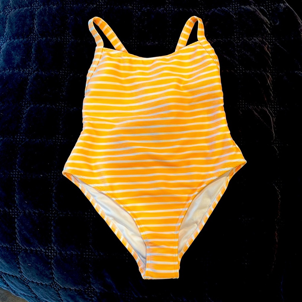 Orange and white one piece swimsuit